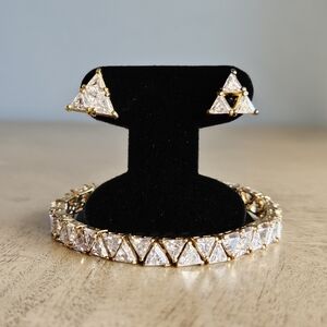 Trillion Cut Cubic Zirconia Tennis Bracelet & Earrings Vintage Gold Plated 925